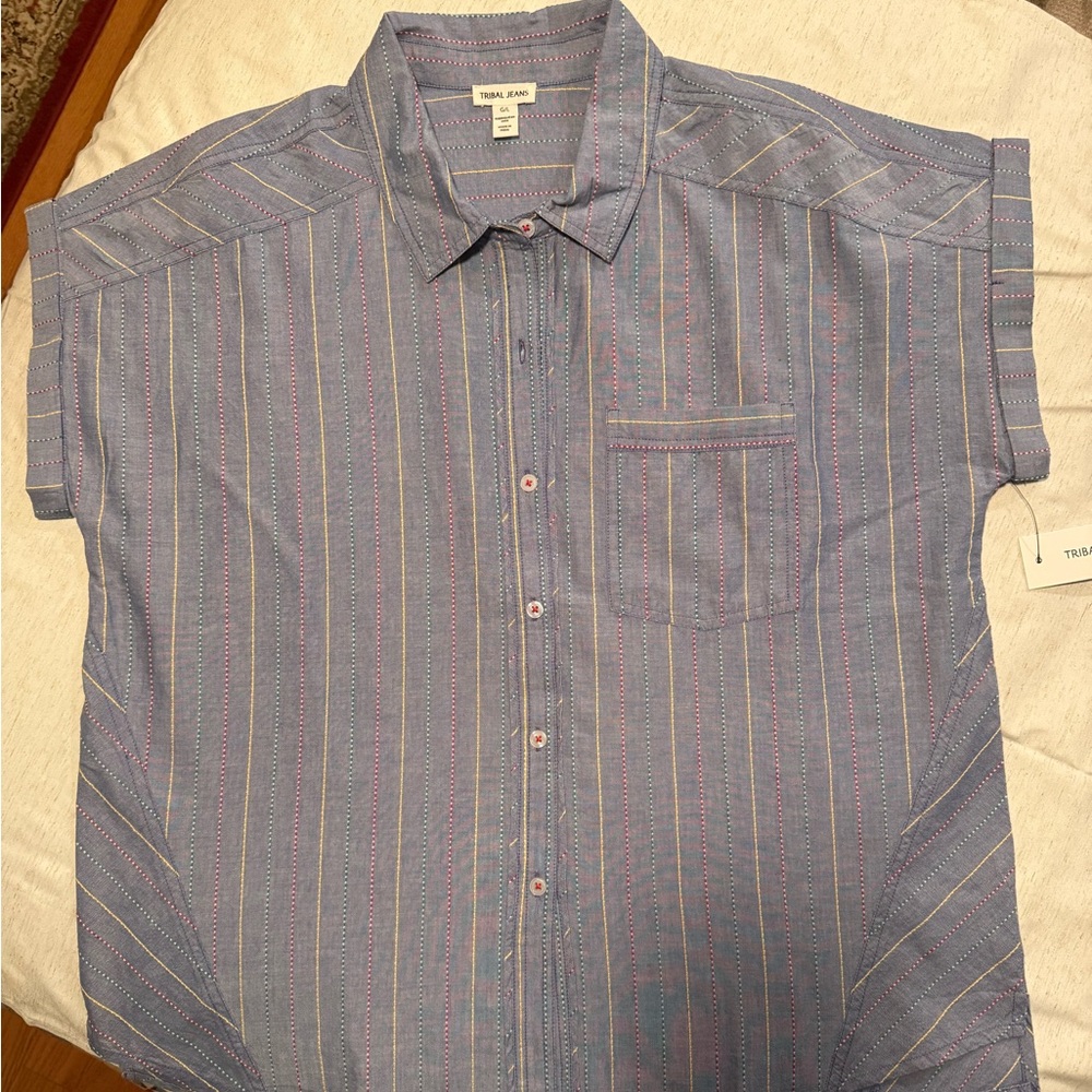 Tribal Jeans short sleeve striped chambray camp shirt. Size large.